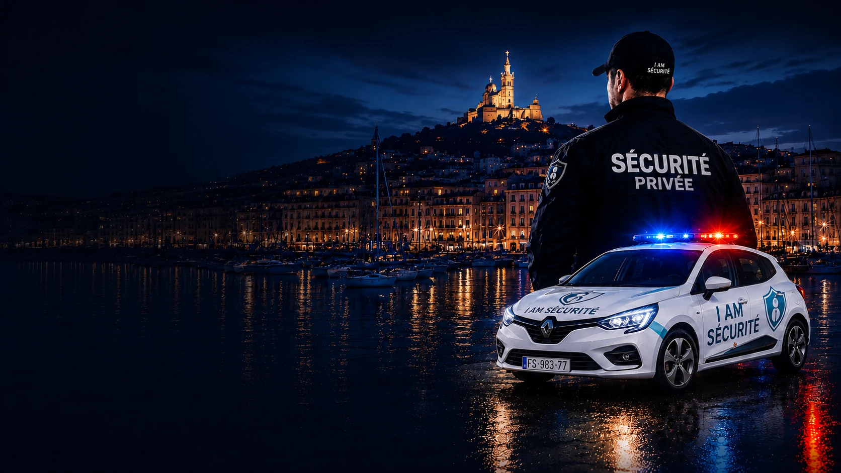 Agent de sécurité I AM SÉCURITÉ devant le Vieux-Port de Marseille